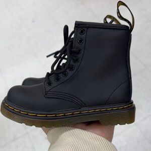 Kids Dr. Martens Black Lace-Up Boots with Yellow Stitching